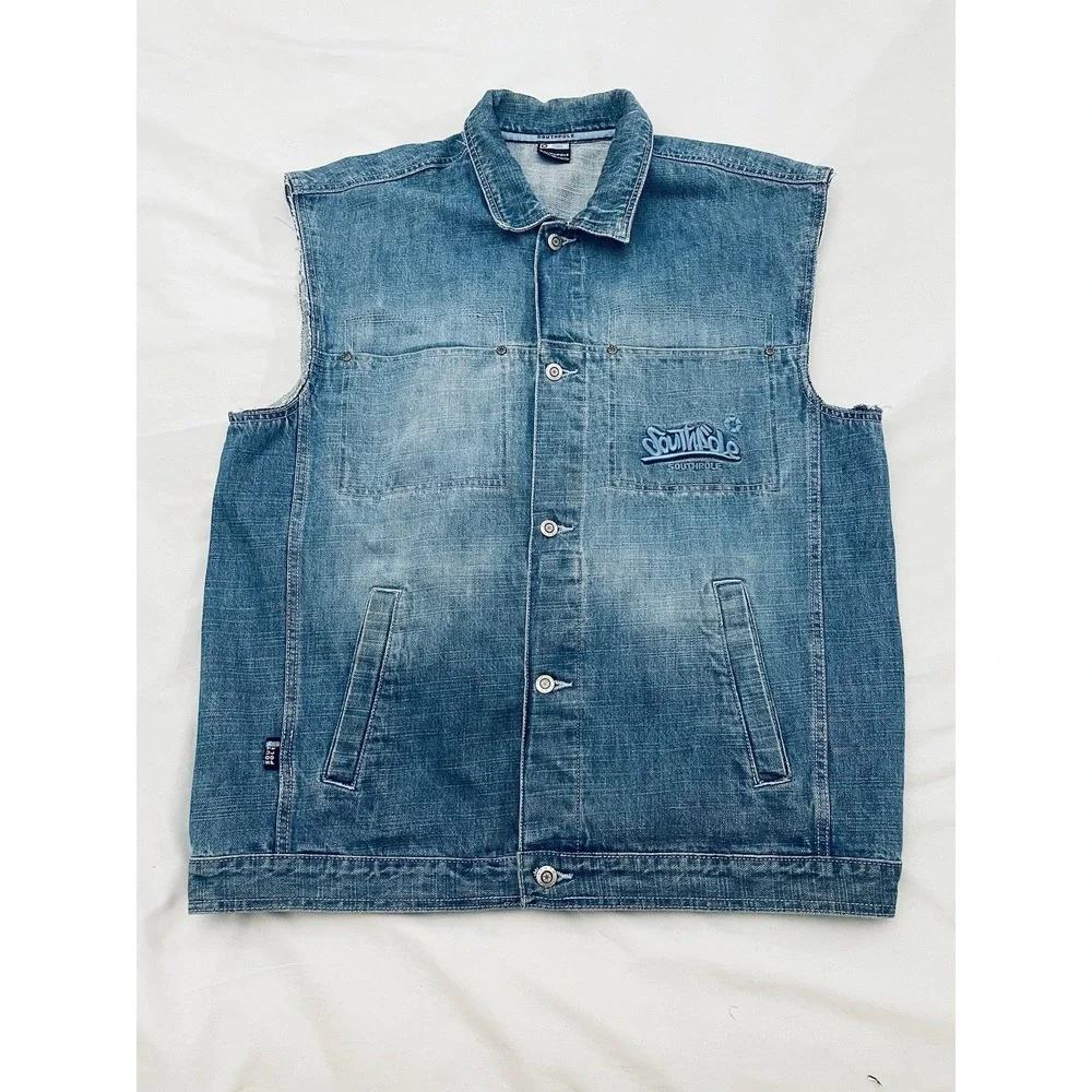 Vintage Y2K SOUTHPOLE Embroidered Denim Vest M Oversized Hip Hop Streetwear